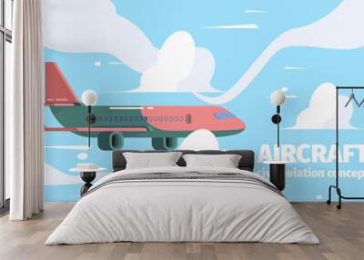 Plane in sky. Travelling background passenger aircraft in clouds vector cartoon illustrations. Aircraft passenger, air travel tourism Wall mural