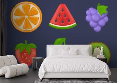 Plasticine fruits. Healthy stylized exotic fruits tropical plants orange cherry strawberry eating raspberries minimalistic forms decent vector colored illustrations Wall mural