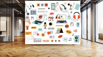 Podcast tools. Streaming web show digital devices tablets laptop speakers microphones headphones recent vector flat pictures set Wall mural