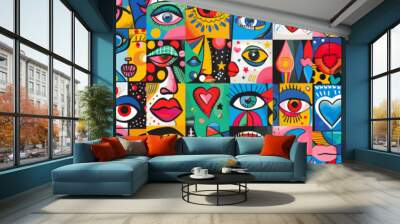 Pop art posters with symbols of love. Bright stylized retro picturesque cards, with eyes, heart, nose, makeup, look elements. Vibrant vector set Wall mural