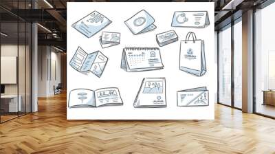 Printing production. Hand drawn promotional advertising material brochures visit cards for business exhibition recent vector doodle illustrations Wall mural