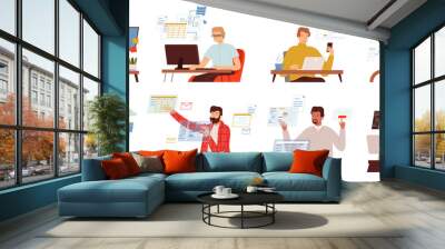 Programmers. Hackers freelancers overworked corporate people internet work nowaday vector illustrations. Programming project, web designer at workspace office Wall mural