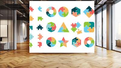 Puzzle collection. Business different jigsaw round and square geometrical forms tags puzzle pieces vectors. Piece jigsaw icon, round and square shape illustration Wall mural