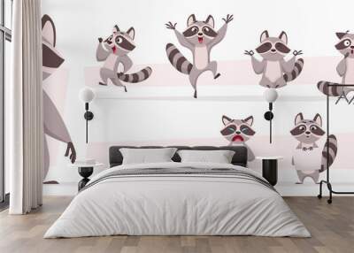 Raccoon animal. Wild mammal cute smile playing and jumping in various action poses forest dweller exact vector cartoon funny mascot Wall mural