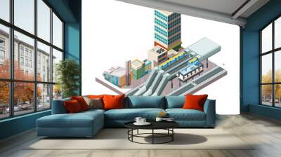 Railway station. Metro train urban public transport in city architecture viaduct vector isometric buildings. Railway train platform, architecture metro building illustration Wall mural