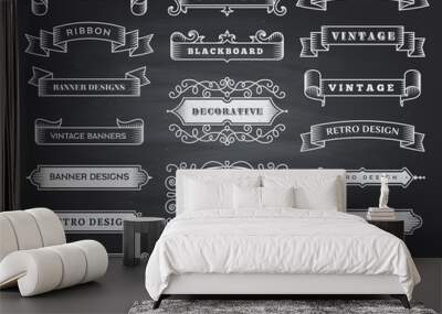 Retro horizontal banners. Ribbon flourish ornate frame decoration vector vintage collection. Ribbon banner chalkboard, blackboard illustration vintage design Wall mural