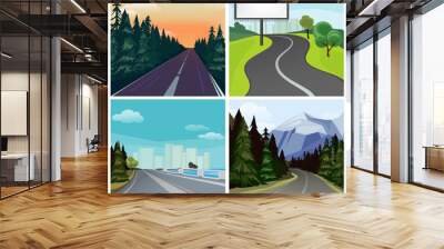 Road to town. Outside highway street scenic different types of city road vector landscape. Road travel, tree and hill, highway and skyline illustration Wall mural