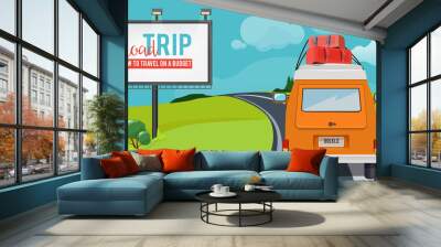 Road trip. Adventure concept with vacation travel driving car on highway vector urban landscape cartoon. Illustration of trip road, journey and adventure travel Wall mural