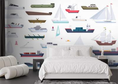 Sea ship. Travel boat boating illustrations motorboat ocean big vessel vector cartoon. Sea travel cruise, boat and ship, yacht transport, speedboat and powerboat, tugboat and sailboat illustration Wall mural