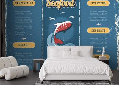 Seafood restaurant menu. Print templates with stylized pictures of underwater life with fishes and waves corporate design recent vector illiustration with place for text Wall mural