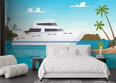 Ship at sea. Fishing boats underwater sunset ocean yacht or vessel vector background. Illustration of ship and boat, yacht near island Wall mural