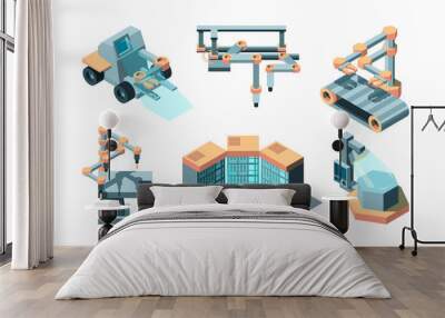 Smart industry isometric. Machine future robotic technologies computing 3d remote production vector pictures set. Illustration smart machine, industry manufacturing, automation machinery Wall mural