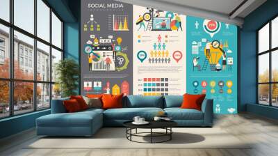 Social media infographic. Work people socializing like rating sharing vector graphic social design template. Social media stats information illustration Wall mural