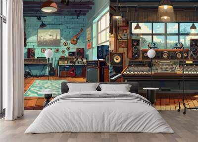 Sound recording studio cartoon vector illustrations. Empty room window musical instruments microphones speakers amplifiers equalizers equipment interior color concepts Wall mural