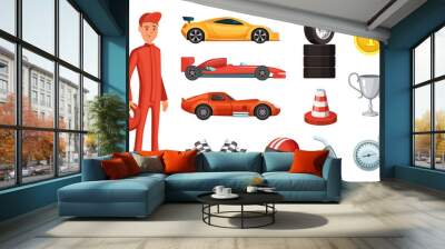 Sport cars and different racing icons set. Engine, helmet, motor and other formula symbols Wall mural