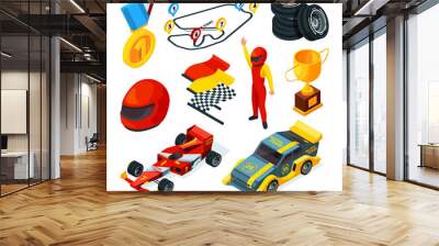 Sport racing symbols. Isometric pictures of racing cars and formula 1 symbols Wall mural