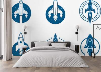 sputnik icons. rockets speed blue emblem items, spacecraft symbols, spaceship silhouettes, space shi Wall mural