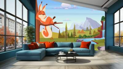 Squirrel in forest. Cartoon background with wild animal playing in forest exact vector template Wall mural