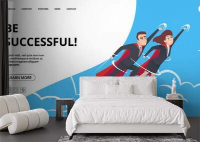 Successful business. Web page with male and female superheroes background. Teamwork heroes flying in sky vector business landing concept. Business superhero, businessman achievement illustration Wall mural