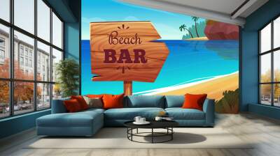 Summer background with wooden signboard on the beach Wall mural