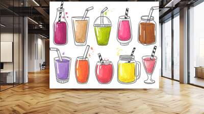 Summer smoothie. Fruits cold healthy drinks vitamin juice vector shake illustration. Smoothie shake drink, cocktail fruit summer Wall mural