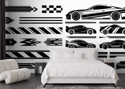 Tape auto stickers ink sketch vector set. Lightning lines checkered patterns racing stripes sports vehicle tuning marking identification badges, isolated on white background Wall mural