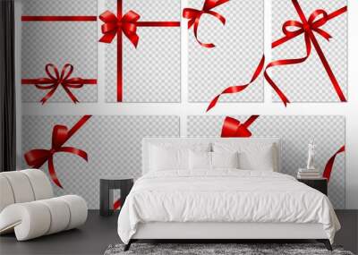 Transparent cards. Banners with realistic red bows and ribbon. Isolated empty gift flyers or voucher, social media stories vector templates Wall mural