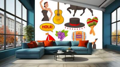 Travel pictures of spain cultural objects. Cartoon style illustrations isolate Wall mural