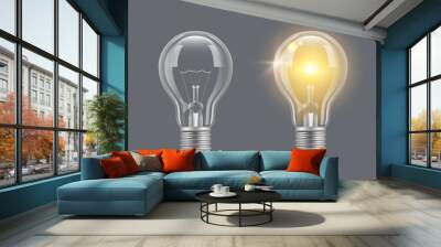 Turn on bulb. Light realistic transparent bulb bright lamp vector pictures. Illustration of lightbulb energy, light and bright Wall mural