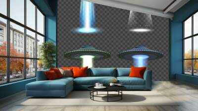 Ufo lights. Futuristic spaceship spotlight with fog transparent light of future technology vector realistic illustrations. Futuristic spaceship, spacecraft spotlight Wall mural