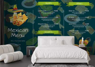 Vector cartoon mexican food cafe or restaurant menu template illustration. Food with price Wall mural