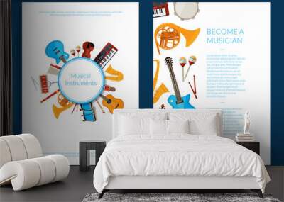 Vector cartoon musical instruments card or flyer template illustration. Collection of web banner posters Wall mural