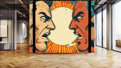 Versus men debate pop art vector concepts. Arguing people evil faces profile comic empty speech bubble characters abstract background posters Wall mural