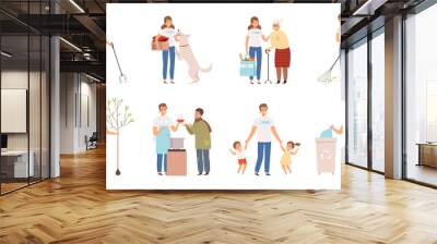 Volunteers characters. People social working and donation care weather protection of disability persons old man vector. Illustration help volunteer, social care service, community volunteering Wall mural