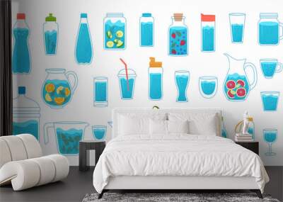 Water containers. Cups cans containers and bottles with liquid detox drinks recent vector illustrations set Wall mural