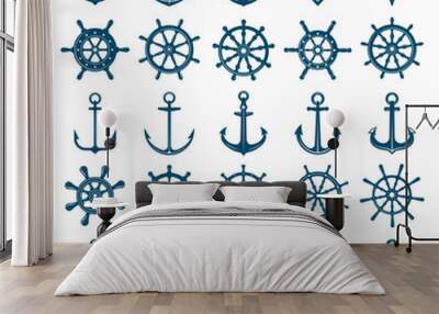 Wheels ship anchors icon. Steering wheels boat and ship anchors marine and navy symbols. Vector silhouettes for logo designs or tattoo. Anchor and wheel for ship or boat, navy travel illustration Wall mural