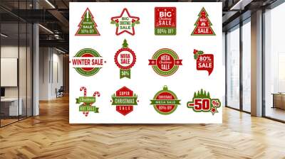 winter holiday sales. christmas badges or labels retail discount deals holidays special offers of ne Wall mural