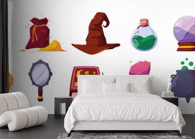 Wizzard artifacts. Colored glossy jewelry bottles and balls for magic spells garish vector cartoon crystals Wall mural