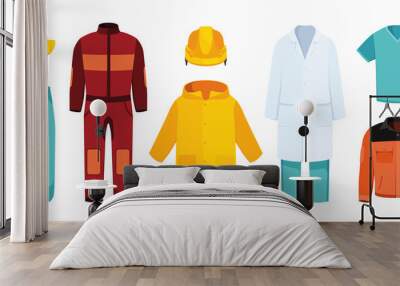 Workwear. Professional clothes uniformed personal security equipment comfortable pants and jackets plumber helmets courier suit garish vector collection of modern workwear Wall mural