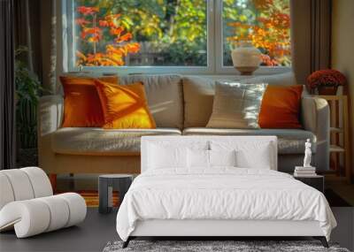 A cozy living room with a white sofa, orange pillows, and a window view of autumn foliage. Wall mural