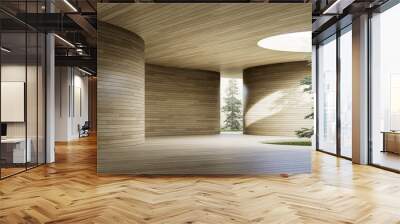 Abstract modern contemporary empty interior space with curve wooden plank wall and circular openings to bring natural light into inside decorated with pine tree 3d render Wall mural