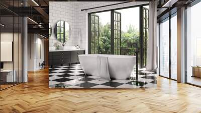 Classical bathroom 3d render,There are checker floor tile and white wall tile with brick pattern,Decorate with black wood cabinet ,Rooms have large open windows, overlook terrace and nature view. Wall mural