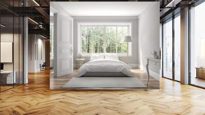 Classical bedroom and living room 3d render,The rooms have wooden floors and gray walls ,decorate with white and gold furniture,There are large window looking out to the nature view. Wall mural