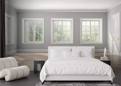 Classical empty room interior 3d render,The rooms have wooden floors and gray walls ,decorate with white moulding,there are white window looking out to the nature view. Wall mural