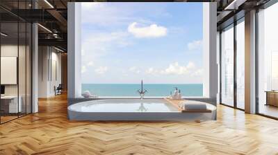 Close up of bathtub with sea view background 3d render,There are white wood plank wall, There are large open window overlooking to sea and sky view. Wall mural