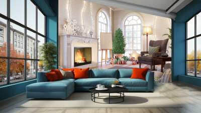 Concept of christmas holiday vacation decoration style living room 3d render,The room has white brick wall  wooden floors decorated with luxury fireplace,The arched windows look out to the snow scene. Wall mural