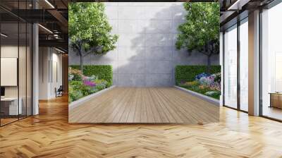 Empty exterior concrete wall for copy space with colorful flower garden 3d render, There are wooden floor sunlight on the wall Wall mural