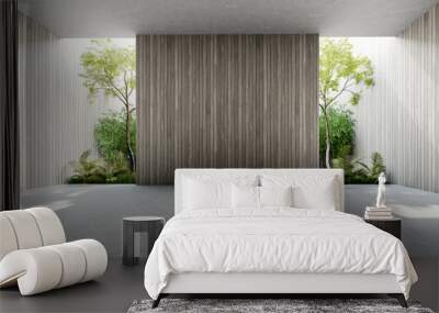 Empty old wood plank wall 3d render,There are concrete floor,Behide the backdrop is a tropical garden,sunlight shine into the room. Wall mural