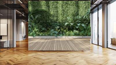 Empty wooden terrace with green wall 3d render,There are wood plank floor with tropical style tree garden background sunlight shine on the tree Wall mural