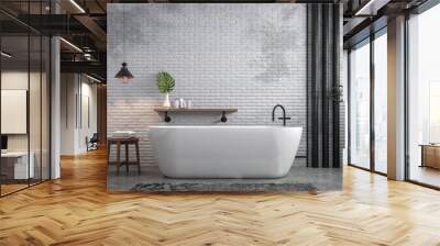 Industrial loft style bathroom 3d render,There are white brick wall and polished concrete floor decorate with black steel tube,Furnished wood furniture. Wall mural